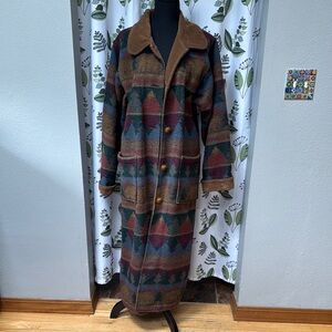 Brown and Green Teddy Jacket with Southwestern Pattern